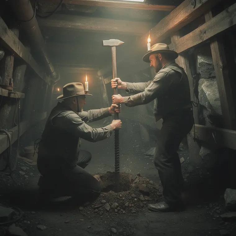 Doppelhandbohren in Dolcoath, 1870, Two Man Hand Drilling