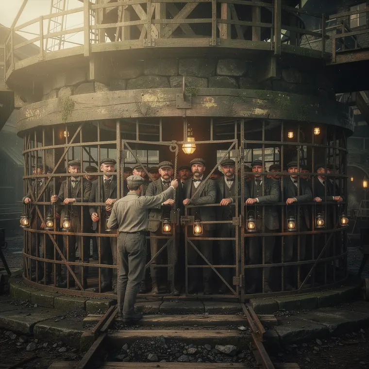 Seilfahrt am Fuellort, 1865, Cage with Safety Catch